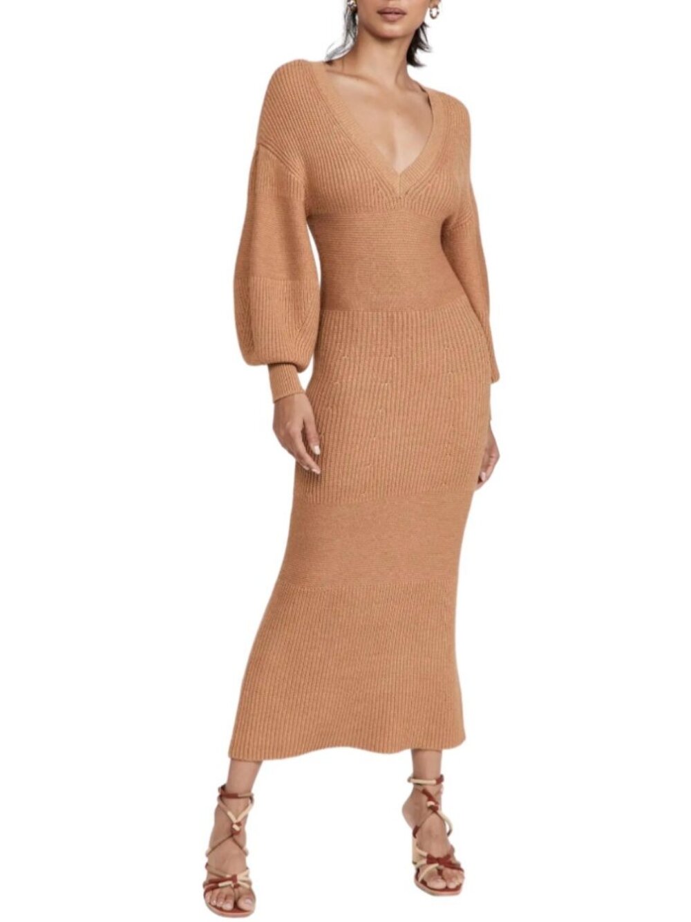 STAUD Carnation Balloon Sleeve Sweater Midi Dress In Camel Size Small